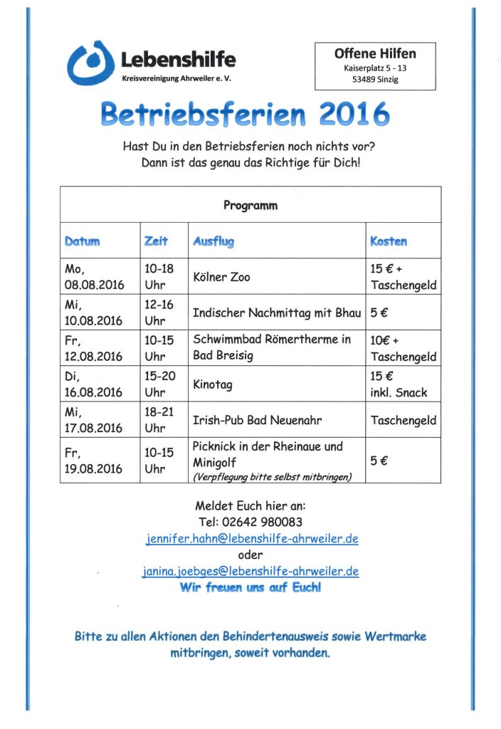 WfbM Betriebsferien Programm 2016