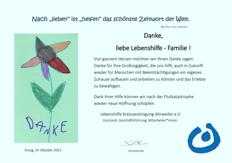 Kinderzeichnung einer Blume und handgeschriebenes "Danke" neben einem gedruckten Dankesbrief in deutscher Sprache.