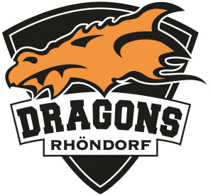 Oranger Drachenkopf über dem Text Dragons Rhöndorf auf einem schwarz-weißen schildförmigen Logo.