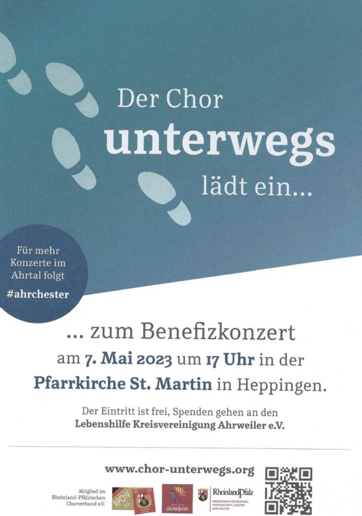 Einladungsplakat für das Benefizkonzert des Chor Unterwegs am 7. Mai 2023 in Heppingen.