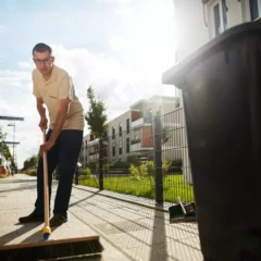Ein Mann mit Brille fegt an einem sonnigen Tag mit einem Besen einen Bürgersteig in der Nähe eines Zauns und einer großen schwarzen Mülltonne, im Hintergrund sind moderne Gebäude und Grünflächen zu sehen.