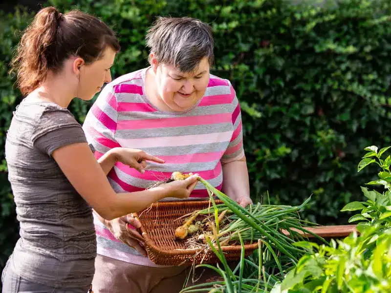Zwei Frauen stehen in einem Garten. Eine hält einen Korb mit frisch geerntetem Gemüse, die andere zeigt auf die Ernte. Sie scheinen die gemeinsame Gartenarbeit zu genießen, mit grünen Pflanzen und Büschen im Hintergrund.