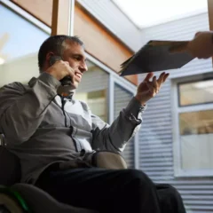 Ein Mann im Rollstuhl telefoniert, während er in einem Büro mit großen Fenstern und natürlichem Licht einen Ordner von einer anderen Person erhält.