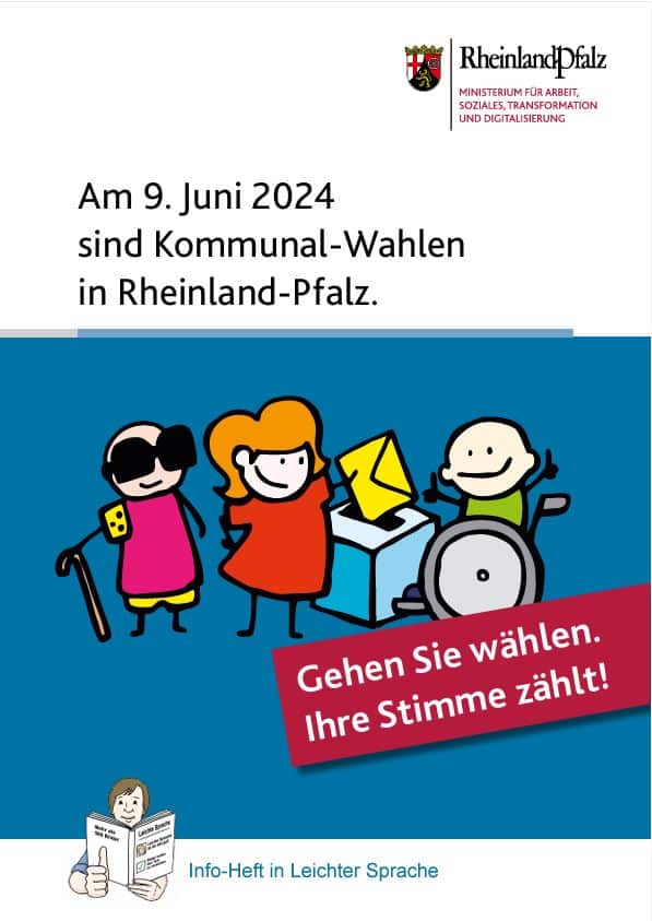 Plakat zur Kommunalwahl in Rheinland-Pfalz am 9. Juni 2024 mit Comic-Wählenden. Auf einem roten Banner steht „Gehen Sie wählen“. Ihre Stimme zählt! Abgebildet sind Logos der rheinland-pfälzischen Regierung.