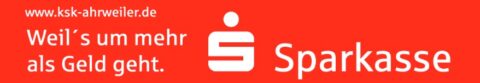 Rotes Banner mit weißem Text mit der Aufschrift „www.ksk-ahrweiler.de“, „Weils um mehr als Geld geht.“, dem Sparkassen-Logo und „Sparkasse“.