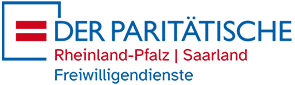 Logo des Paritätischen Rheinland-Pfalz | Freiwilligendienste des Saarlandes mit blauem und rotem Text und einem Symbol aus zwei roten horizontalen Balken innerhalb eines blauen quadratischen Umrisses.