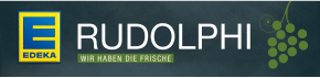 EDEKA Rudolphi-Logo mit Weintraubenillustration und dem Slogan „Wir haben die Frische“ auf dunklem Hintergrund.