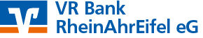 Logo der VR Bank RheinAhrEifel eG, bestehend aus einem blau-weißen abstrakten Symbol auf blau-orangefarbenem Hintergrund, neben dem Namen der Bank in blauer Schrift.