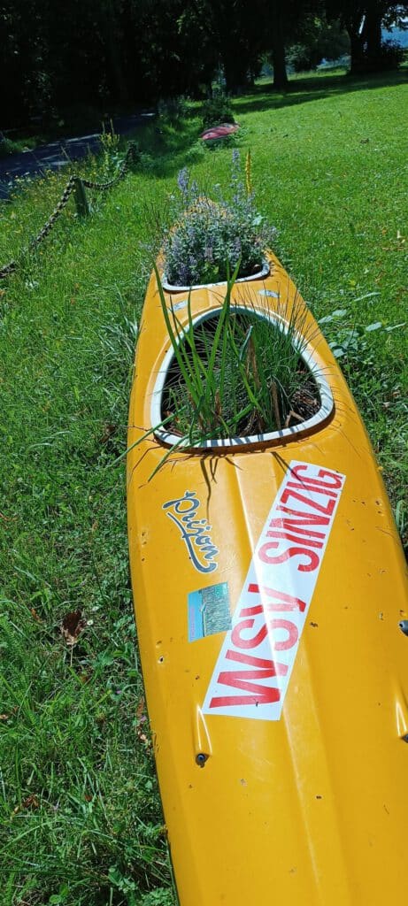 Ein gelbes Kajak auf Gras wird als Pflanzgefäß verwendet, in dem Blumen und Pflanzen wachsen.