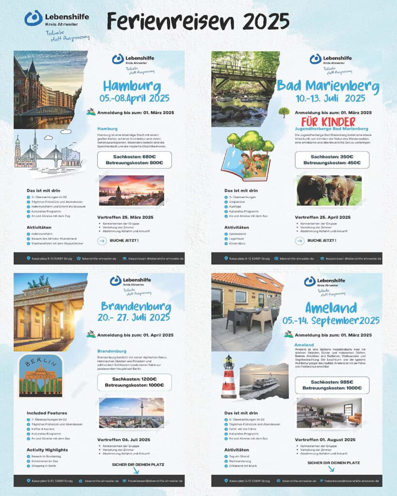 Poster mit vier Urlaubsangeboten für 2025, Details, Bildern und Anmeldeinformationen.