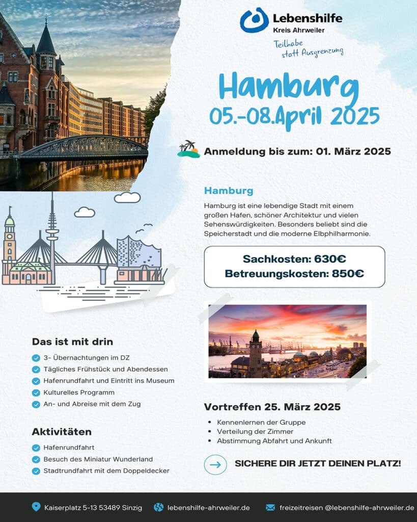 Flyer für eine Hamburg-Reise vom 5. bis 8. April 2025 mit Kosten, Aktivitäten und Anmeldedetails.