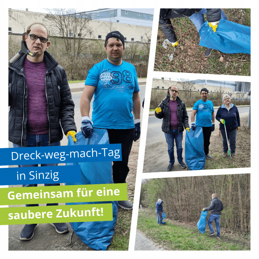 Menschen, die während einer kommunalen Aufräumaktion Müll aufsammeln und in blauen Säcken sammeln.