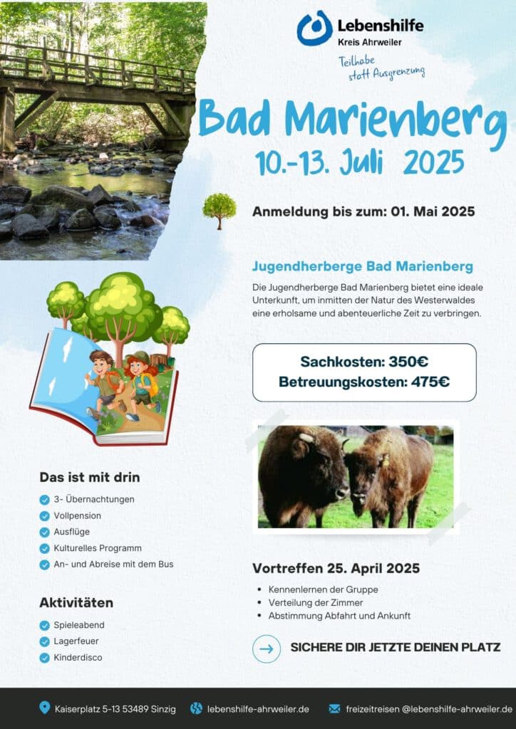 Flyer für ein Jugendcamp in Bad Marienberg, 10. bis 13. Juli 2025, mit Infos und Anmeldedaten.