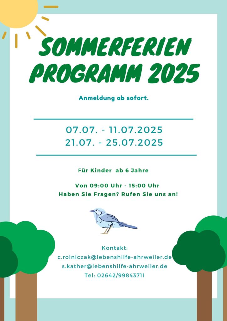 Flyer für das Sommerferienprogramm 2025 für Kinder ab 6 Jahren, mit Terminen und Kontaktinformationen.