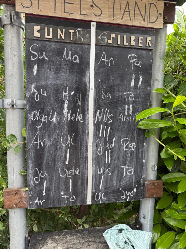 Kreidetafel mit handgeschriebenen Mannschaftsnamen und Zählern, umgeben von Grünpflanzen.