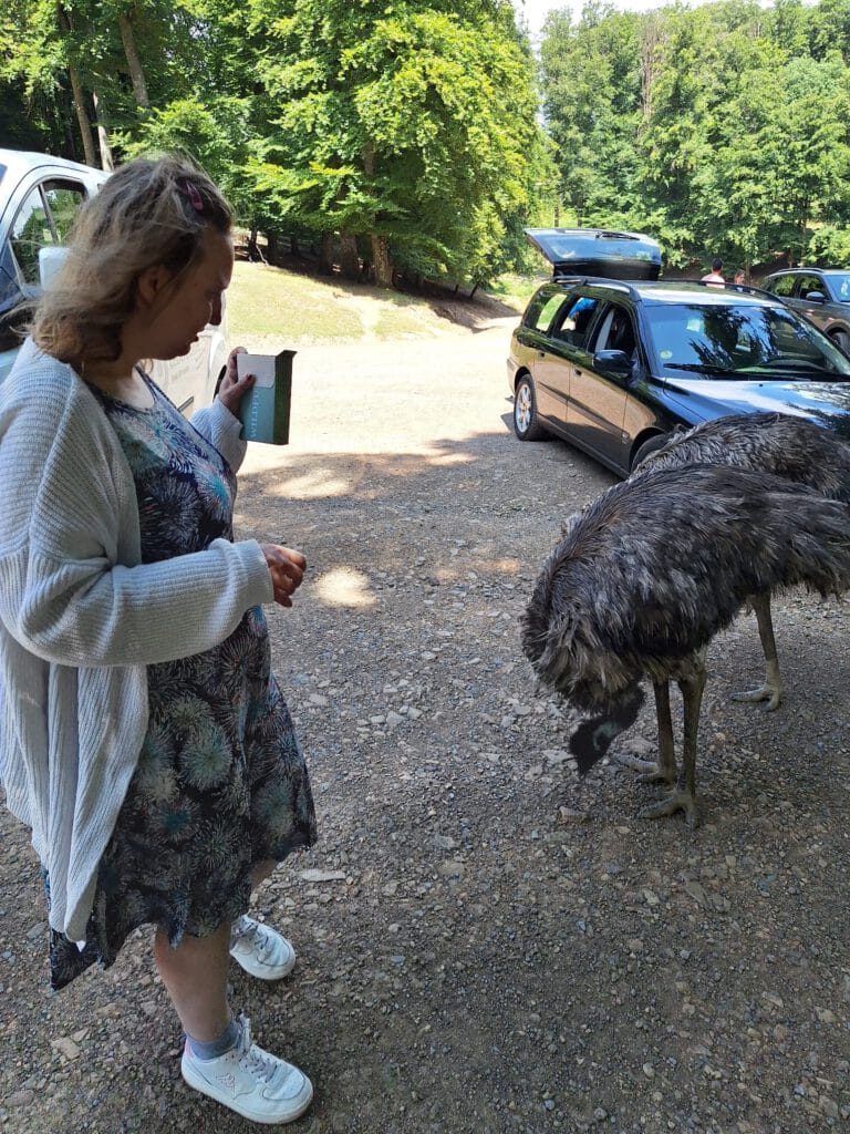 Eine Frau mit einem Getränk steht in der Nähe eines Emus, der auf einem Parkplatz am Boden pickt.