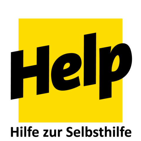 Gelbes Quadrat mit fettgedrucktem schwarzem Text Help und kleinerem Text Hilfe zur Selbsthilfe darunter.
